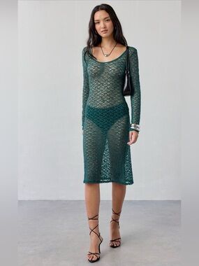 ReMADE By UO Remnants Sheer Lace Long Sleeve Midi Dress NWT